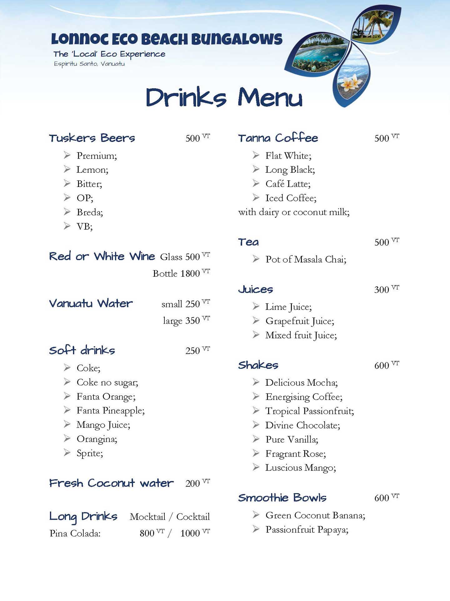 Drinks menu - Lonnoc Eco Beach Bunganlows